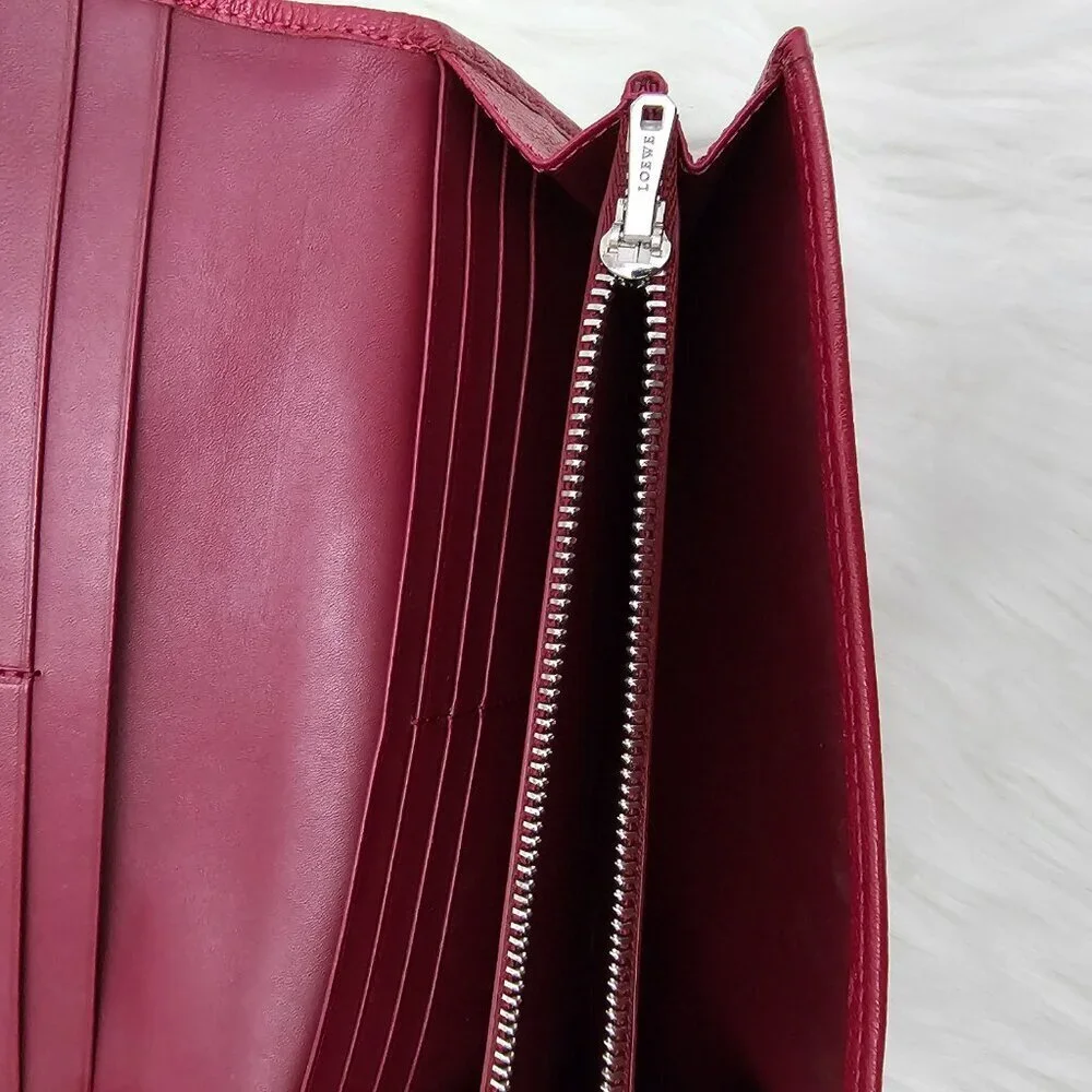 Loewe Pebble Leather Flap Snap Long Red Berry Bi-fold Clutch Continental Wallet